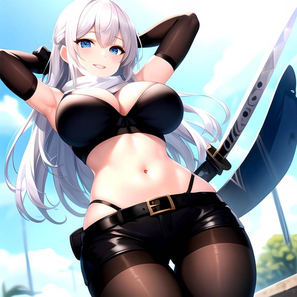 1girl Armpits Arms Behind Head Belt Black Bra Black Gloves Black Pantyhose Blue Eyes Blurry Blurry Background Bra Breasts Curvy, 3803973959 - AIHentai - #main