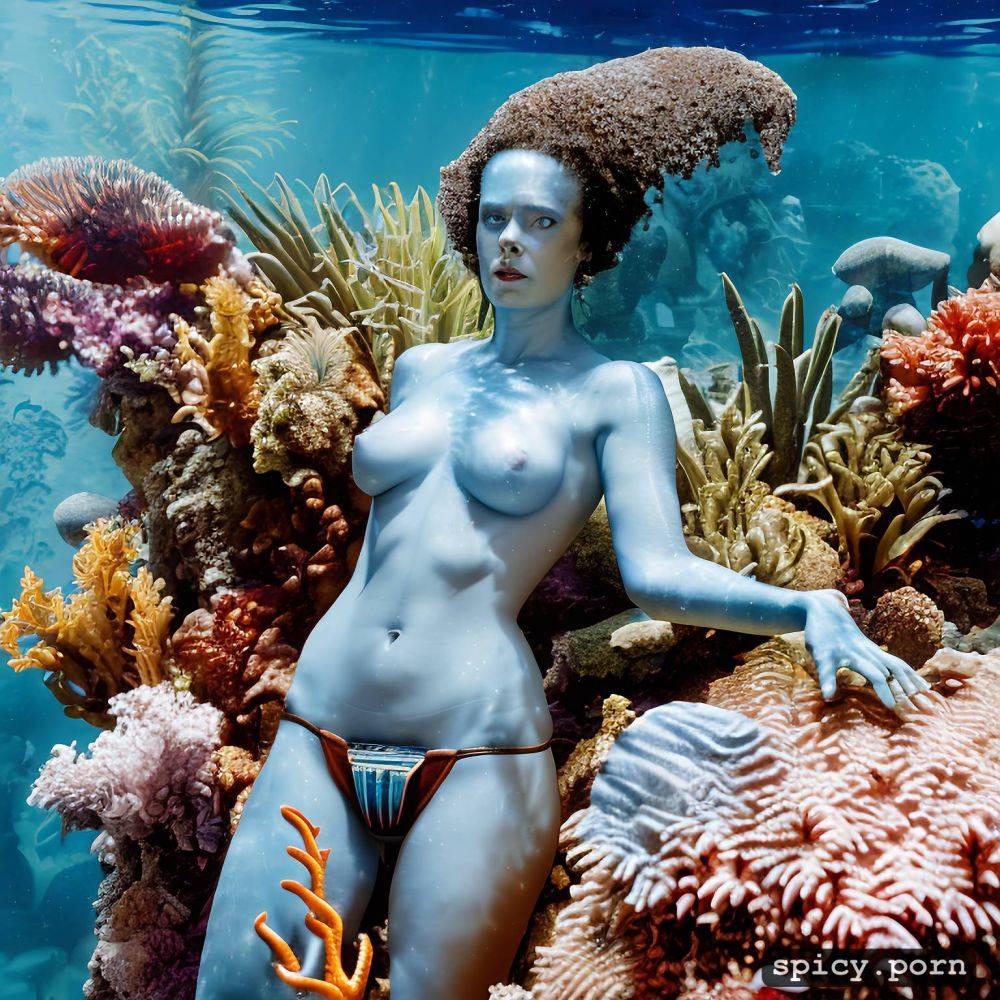 realistic, visible nipple, masterpiece, young sigourney weaver as blue alien from the movie avatar sigourney weaver swimming underwater near a coral reef wearing tribal top and thong - #main