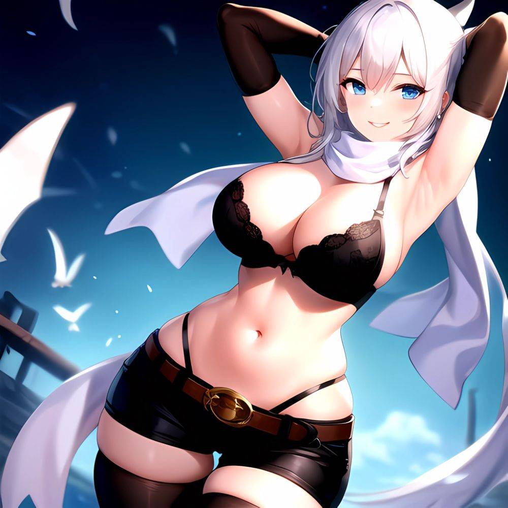 1girl Armpits Arms Behind Head Belt Black Bra Black Gloves Black Pantyhose Blue Eyes Blurry Blurry Background Bra Breasts Curvy, 3090360438 - AIHentai - #main