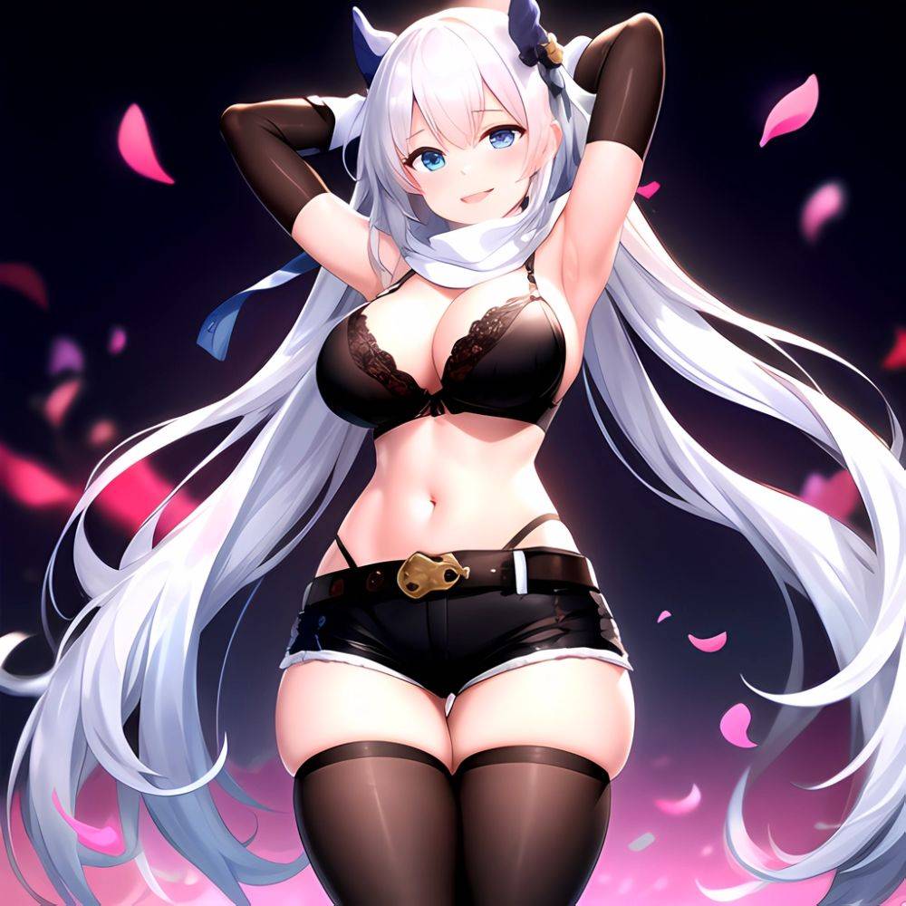 1girl Armpits Arms Behind Head Belt Black Bra Black Gloves Black Pantyhose Blue Eyes Blurry Blurry Background Bra Breasts Curvy, 3356920414 - AIHentai - #main