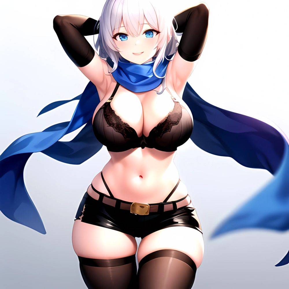 1girl Armpits Arms Behind Head Belt Black Bra Black Gloves Black Pantyhose Blue Eyes Blurry Blurry Background Bra Breasts Curvy, 4269324160 - AIHentai - #main