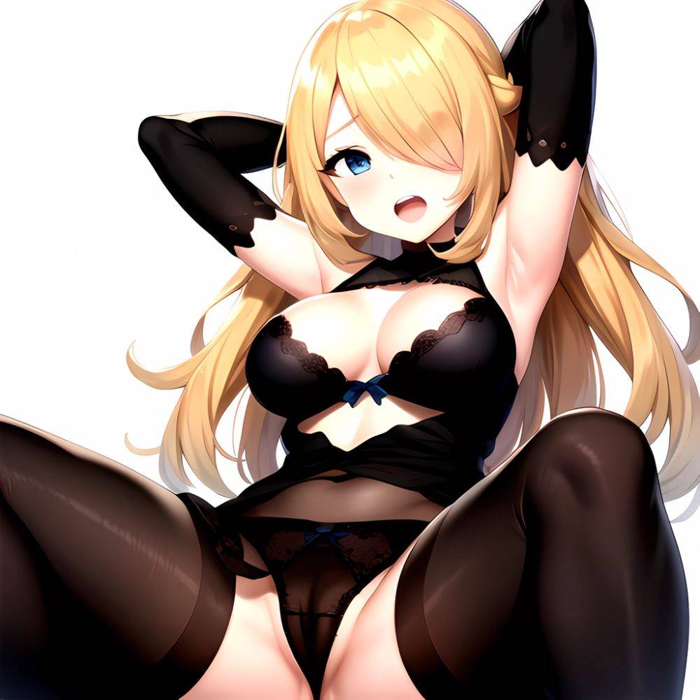 1boy 1girl Armpits Arms Behind Head Arms Up Black Bra Black Panties Blonde Hair Blue Eyes Blush Bra Breasts Clitoris, 1091342643 - AIHentai - #main