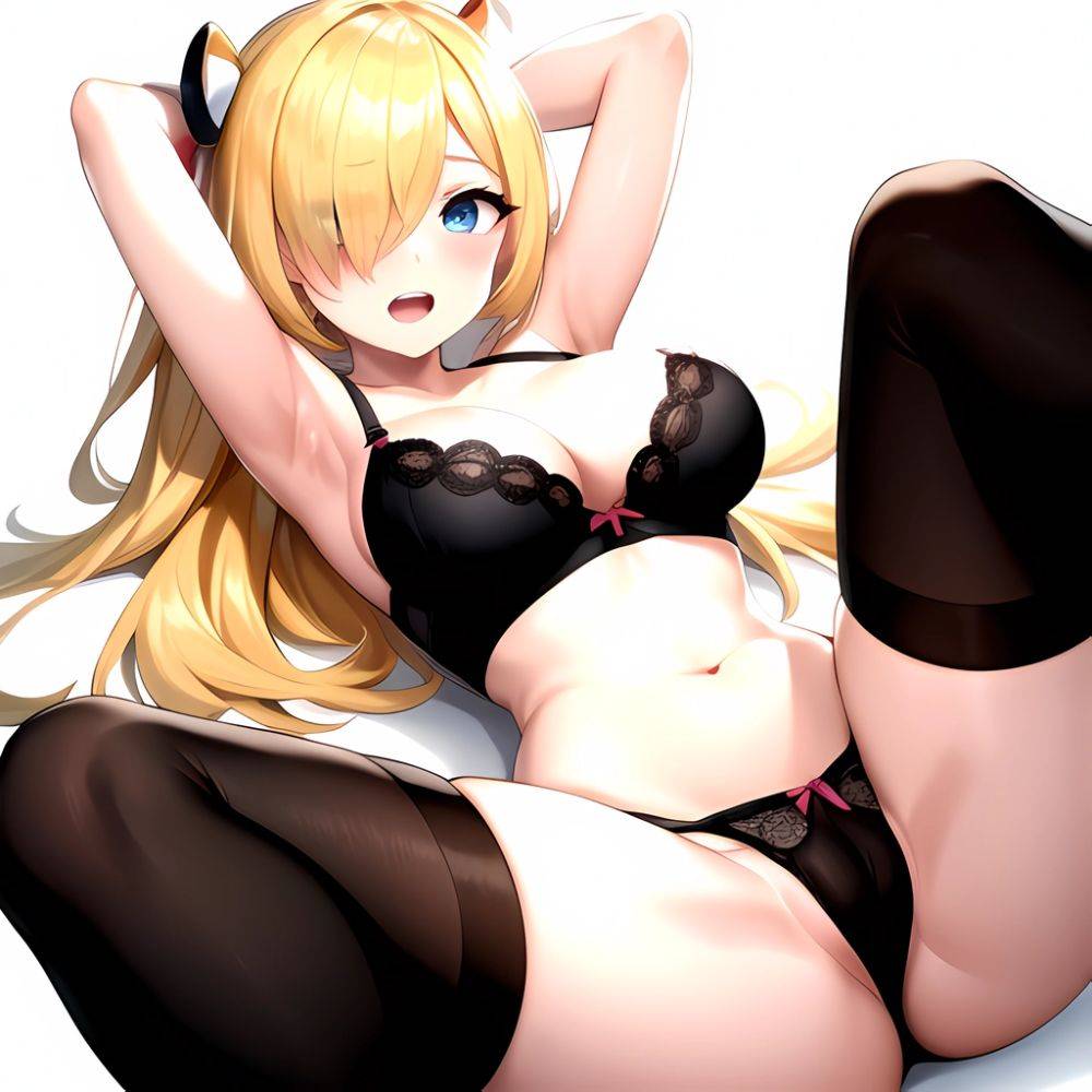 1boy 1girl Armpits Arms Behind Head Arms Up Black Bra Black Panties Blonde Hair Blue Eyes Blush Bra Breasts Clitoris, 52333394 - AIHentai - #main