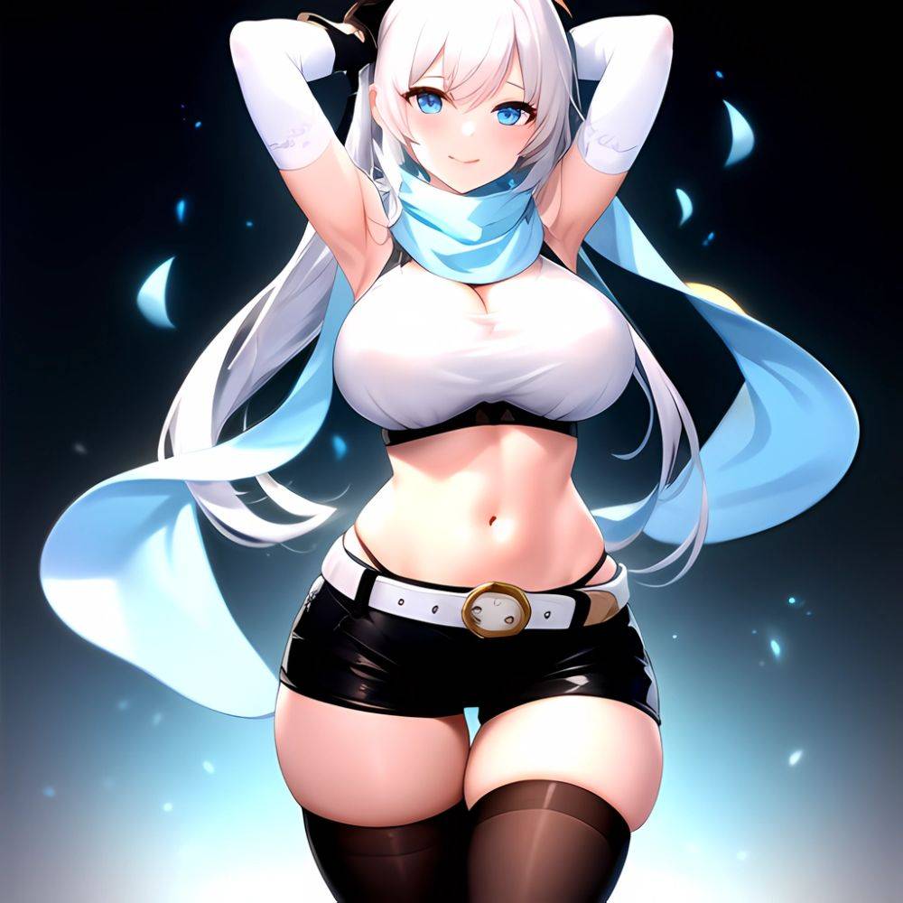 1girl Armpits Arms Behind Head Belt Black Bra Black Gloves Black Pantyhose Blue Eyes Blurry Blurry Background Bra Breasts Curvy, 2261744758 - AIHentai - #main