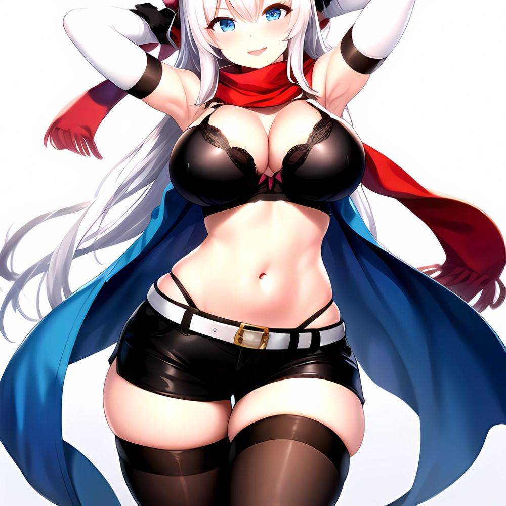 1girl Armpits Arms Behind Head Belt Black Bra Black Gloves Black Pantyhose Blue Eyes Blurry Blurry Background Bra Breasts Curvy, 1057838931 - AIHentai - #main
