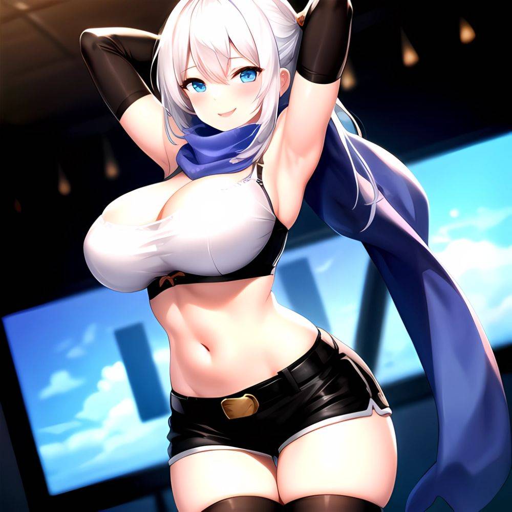 1girl Armpits Arms Behind Head Belt Black Bra Black Gloves Black Pantyhose Blue Eyes Blurry Blurry Background Bra Breasts Curvy, 2968889312 - AIHentai - #main