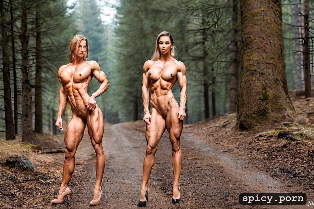 big breast, massive abs, standing side by side, strength effort - #main