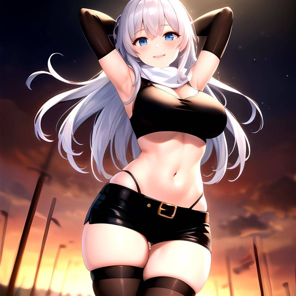 1girl Armpits Arms Behind Head Belt Black Bra Black Gloves Black Pantyhose Blue Eyes Blurry Blurry Background Bra Breasts Curvy, 1659004078 - AIHentai - #main