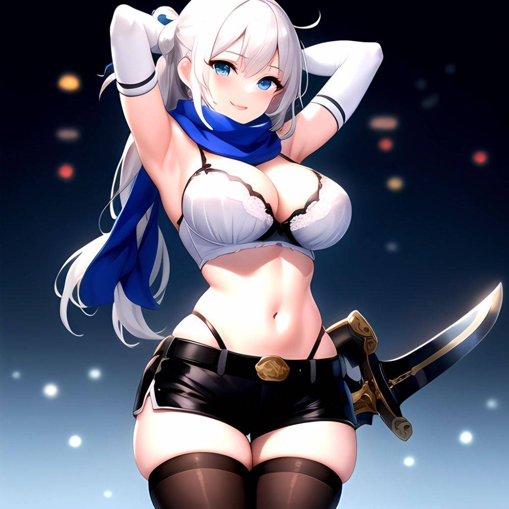 1girl Armpits Arms Behind Head Belt Black Bra Black Gloves Black Pantyhose Blue Eyes Blurry Blurry Background Bra Breasts Curvy, 4173888986 - AIHentai - #main