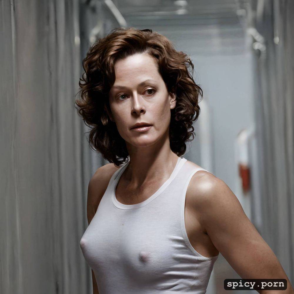 young sigourney weaver as ellen ripley from the movie alien wearing white tank top and panties - #main