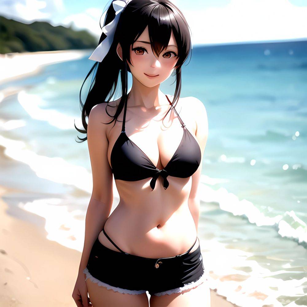 1girl Arms Behind Back Beach Bikini Bikini Under Shorts Black Bikini Black Hair Blurry Blurry Background Breasts Cleavage Closed, 2430366280 - AIHentai - #main