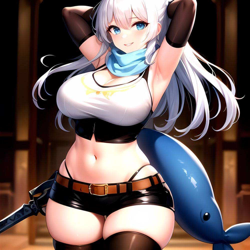 1girl Armpits Arms Behind Head Belt Black Bra Black Gloves Black Pantyhose Blue Eyes Blurry Blurry Background Bra Breasts Curvy, 1780236215 - AIHentai - #main