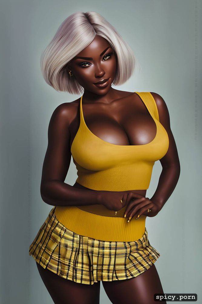 gorgeous face, fit body, ebony female, tartan mini skirt, bedroom - #main
