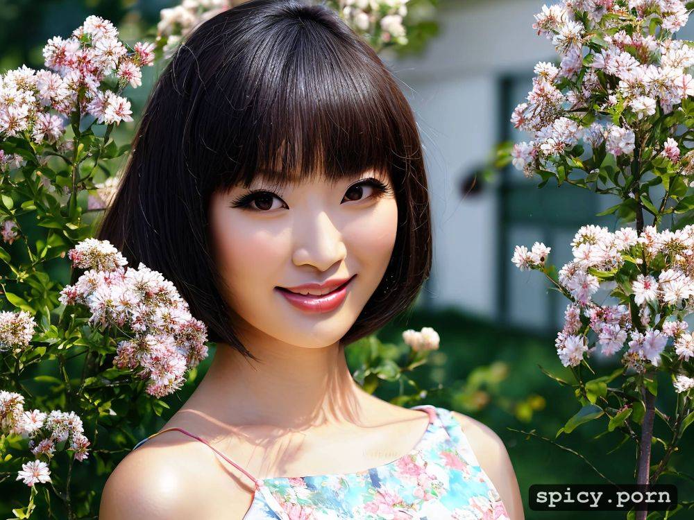japanese woman, smiling, 25 yo, sandals, walking in a garden - #main