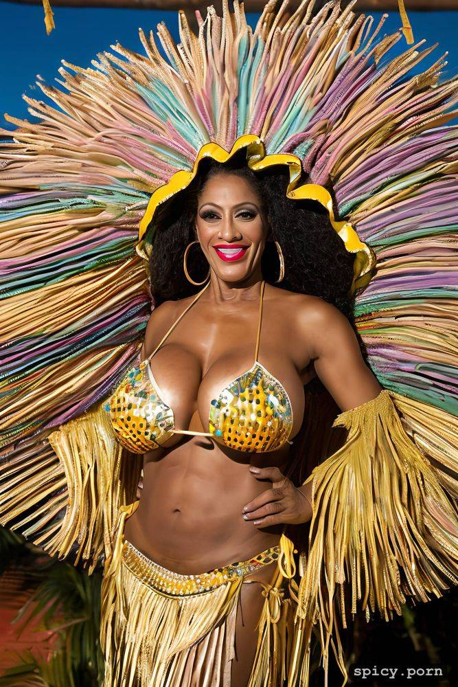 color portrait, huge natural boobs, 57 yo beautiful performing brazilian carnival dancer - #main