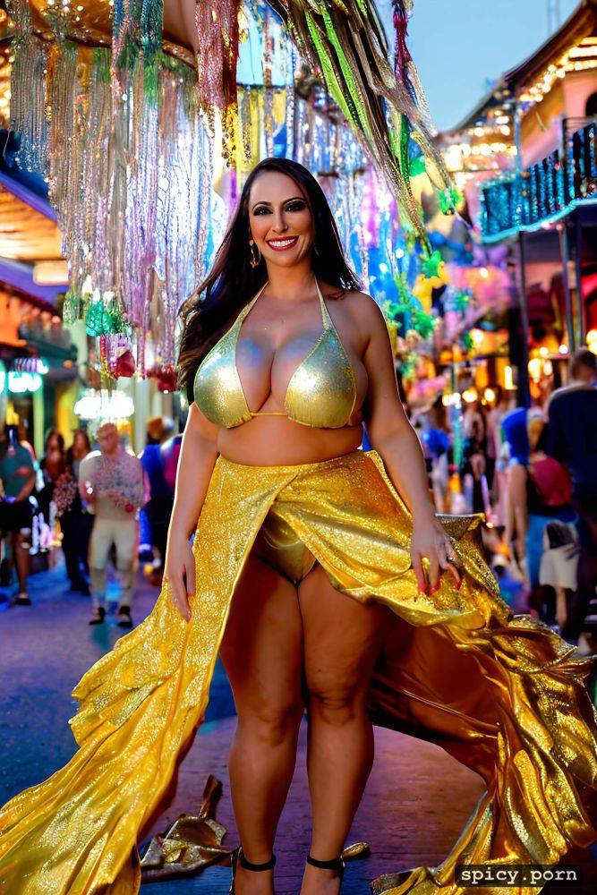 color portrait, long hair, 33 yo beautiful performing white mardi gras dancer on bourbon street - #main