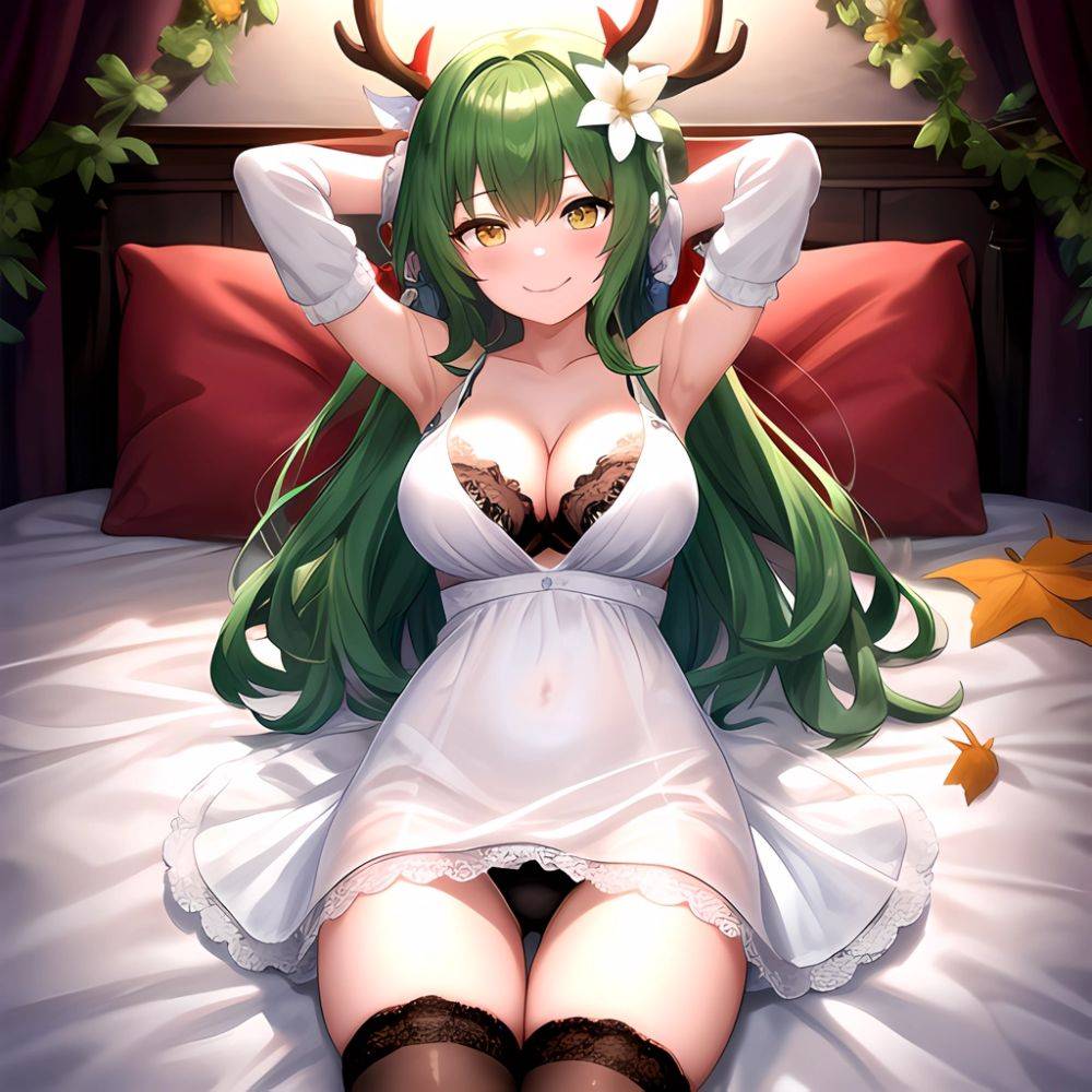 1girl Alternate Costume Antlers Armpits Arms Behind Head Bed Sheet Black Bra Black Thighhighs Bra Branch Breasts Ceres Fauna Cle, 688632933 - AIHentai - #main