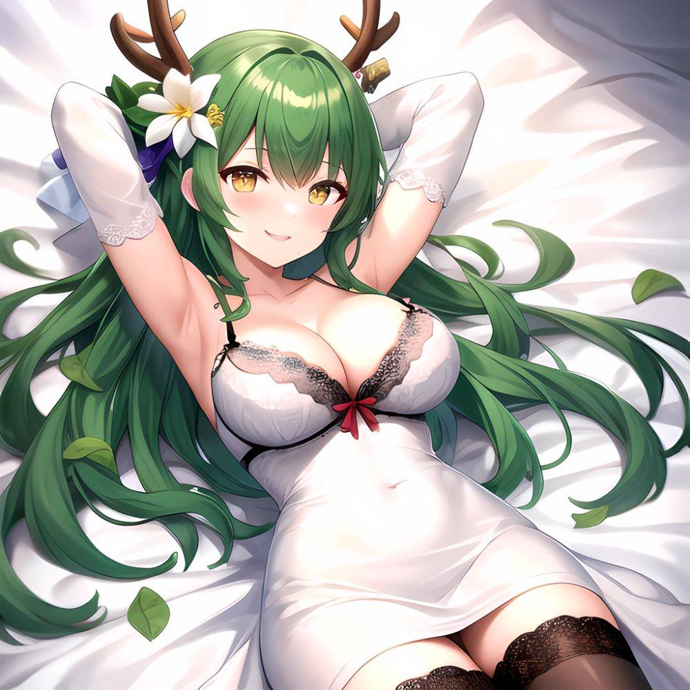 1girl Alternate Costume Antlers Armpits Arms Behind Head Bed Sheet Black Bra Black Thighhighs Bra Branch Breasts Ceres Fauna Cle, 934647955 - AIHentai - #main