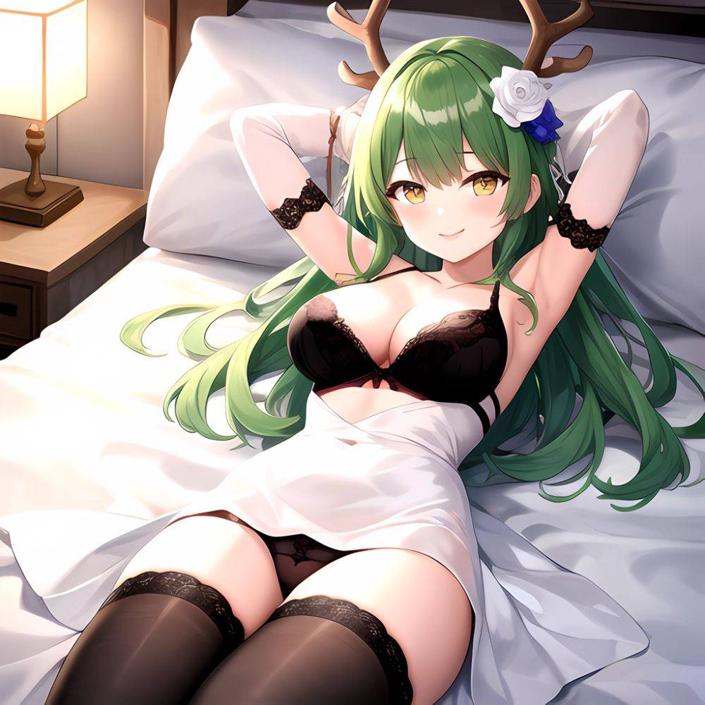 1girl Alternate Costume Antlers Armpits Arms Behind Head Bed Sheet Black Bra Black Thighhighs Bra Branch Breasts Ceres Fauna Cle, 166764687 - AIHentai - #main