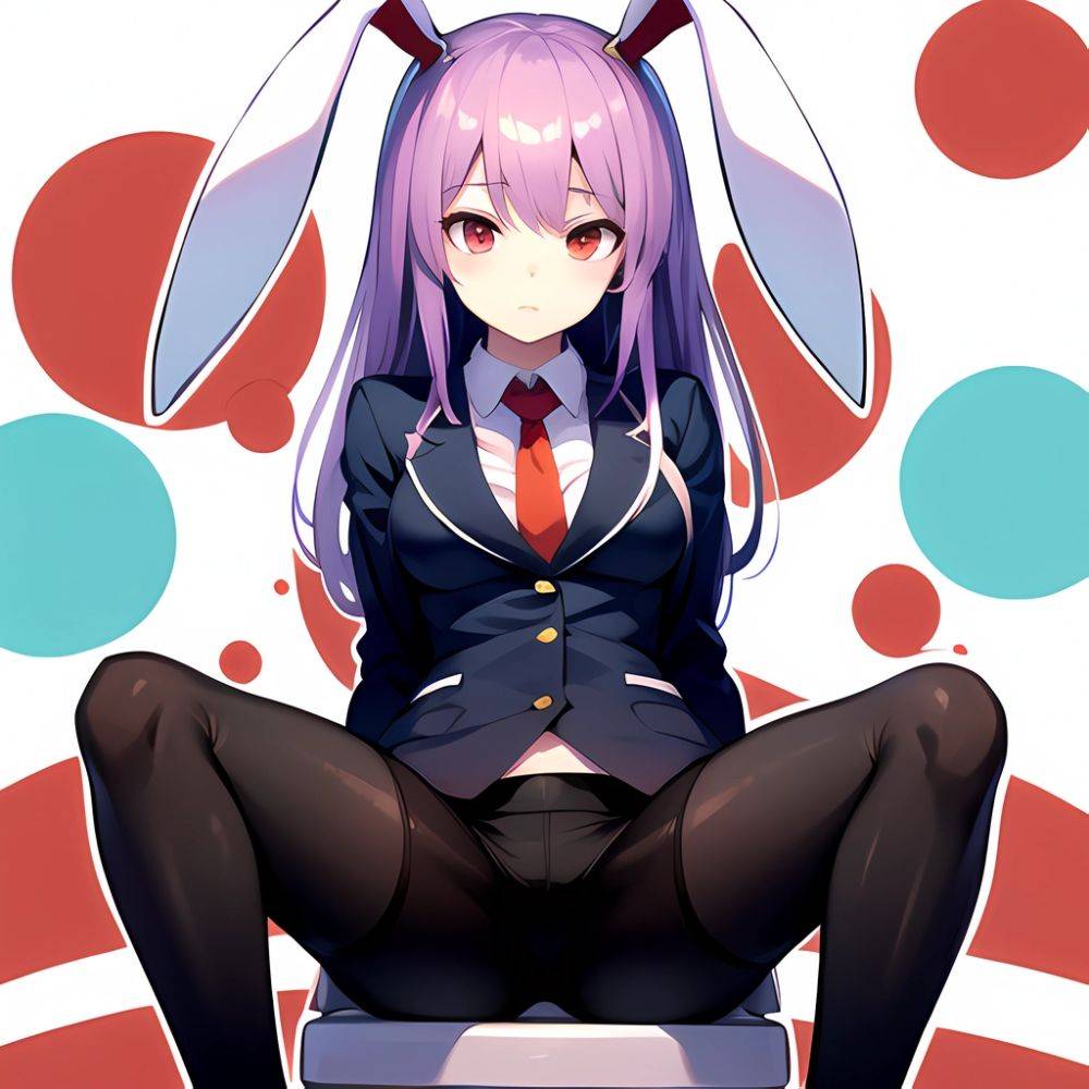 Ai Assisted Breasts Highres Medium Breasts Red Eyes Reisen Udongein Inaba Sitting Spread Legs Touhou Arms Behind Back White Outl, 1555284510 - AIHentai - #main