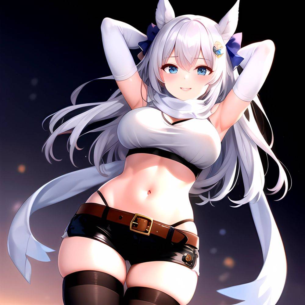 1girl Armpits Arms Behind Head Belt Black Bra Black Gloves Black Pantyhose Blue Eyes Blurry Blurry Background Bra Breasts Curvy, 3699461491 - AIHentai - #main
