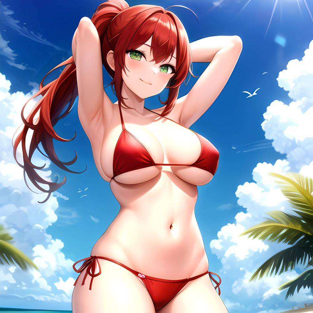 1girl Armpits Arms Behind Head Arms Up Bikini Breasts Closed Mouth Collarbone Covered Nipples Day Green Eyes Highres Jung Freud, 3843883941 - AIHentai - #main