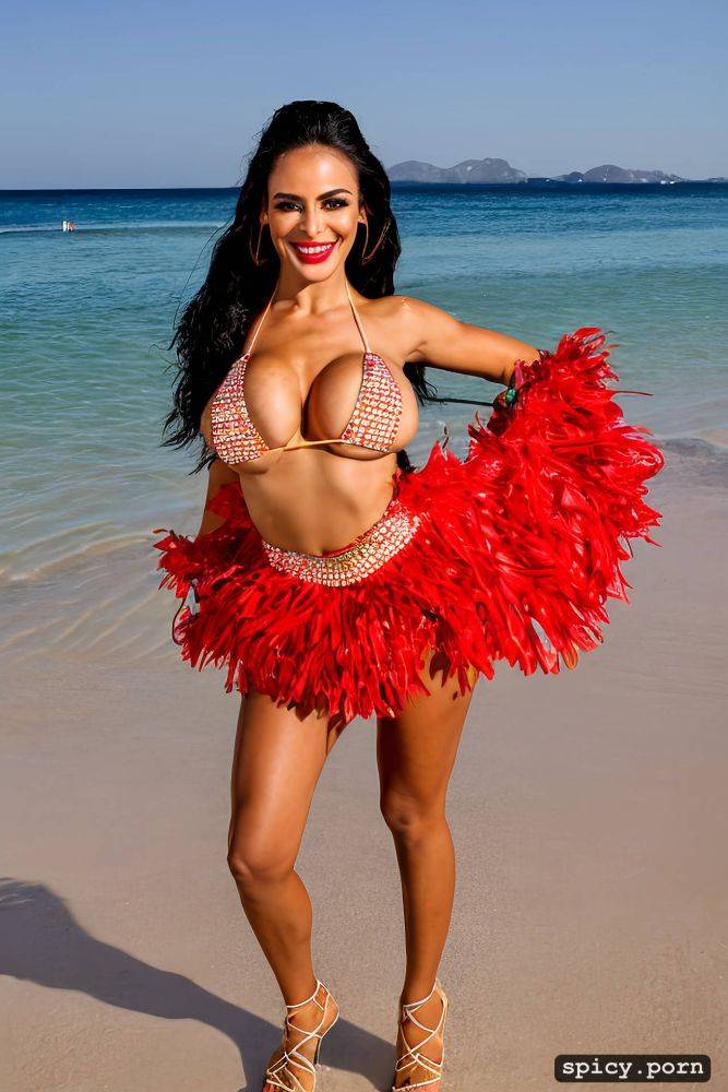 color portrait, long hair, 22 yo beautiful performing white rio carnival dancer at copacabana beach - #main