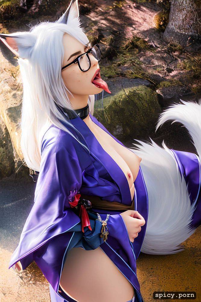 thigh high socks, photo realistic detailed tongue, rimmed glasses - #main