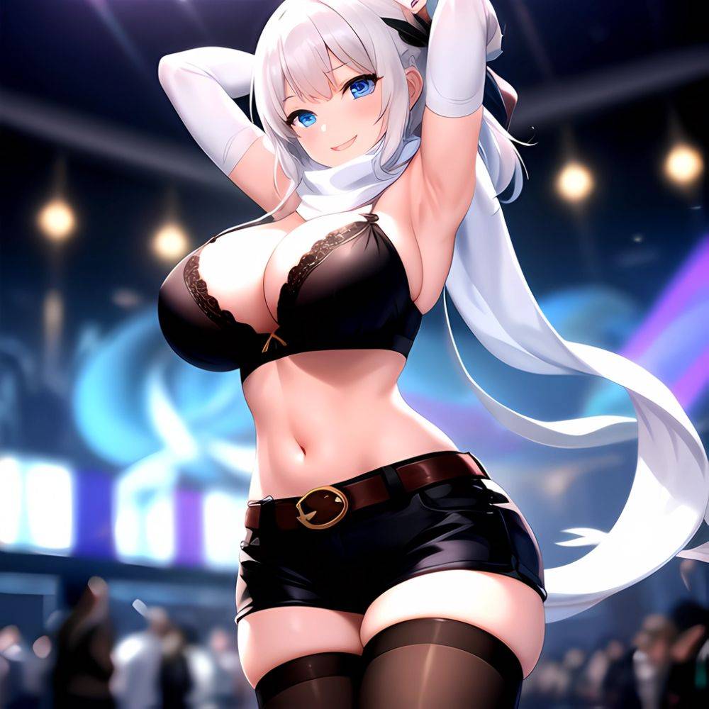 1girl Armpits Arms Behind Head Belt Black Bra Black Gloves Black Pantyhose Blue Eyes Blurry Blurry Background Bra Breasts Curvy, 731721554 - AIHentai - #main