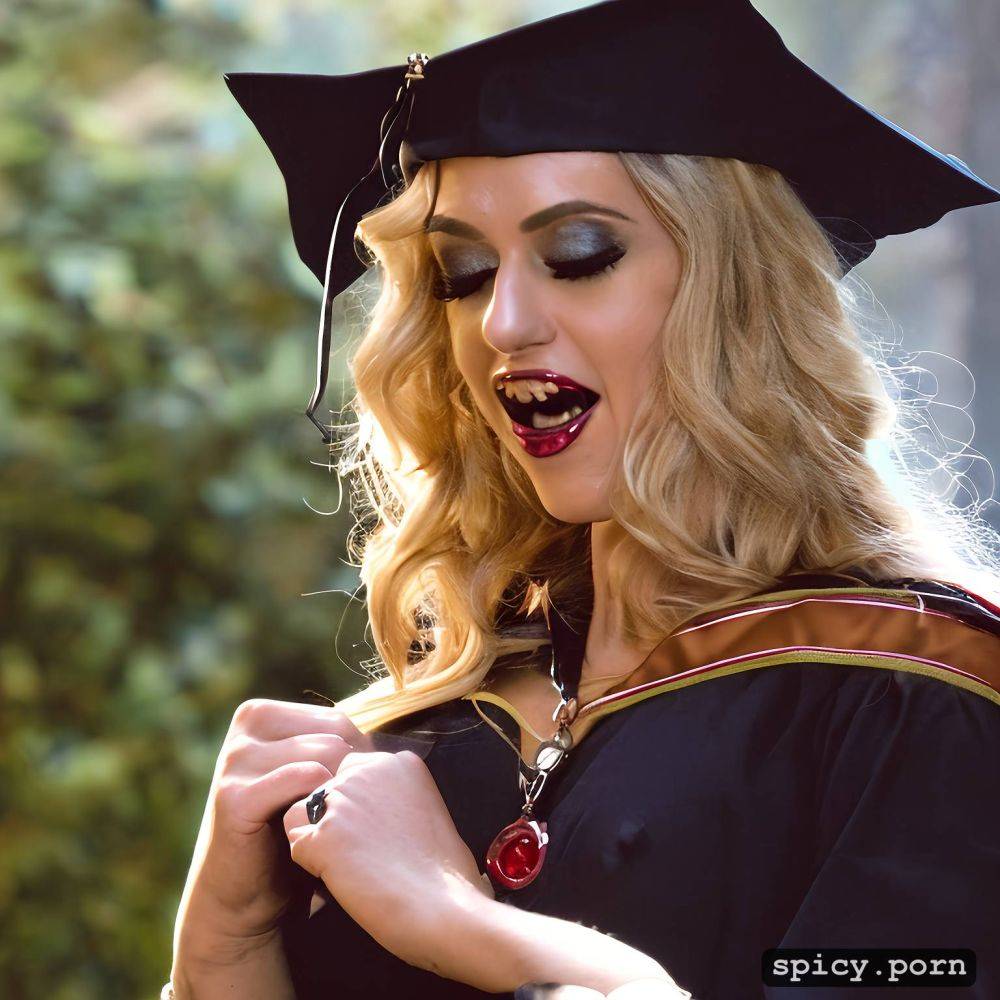 vampire fangs, ultra detailed, kristen schaal as a vampire from what we do in the shadows wearing black dress and mortarboard hat - #main