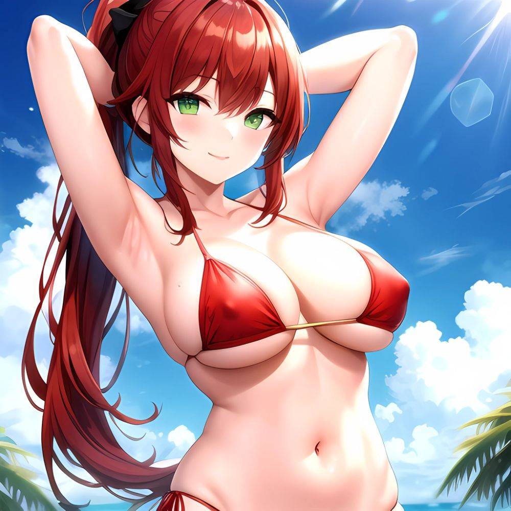 1girl Armpits Arms Behind Head Bikini Breasts Closed Mouth Collarbone Covered Nipples Day Green Eyes Highres Jung Freud Large Br, 2265409451 - AIHentai - #main