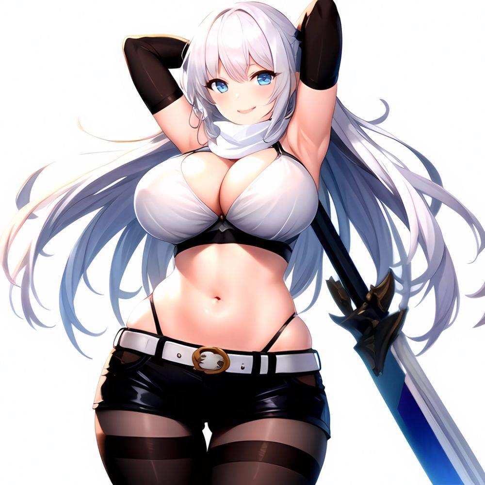 1girl Armpits Arms Behind Head Belt Black Bra Black Gloves Black Pantyhose Blue Eyes Blurry Blurry Background Bra Breasts Curvy, 3497501725 - AIHentai - #main