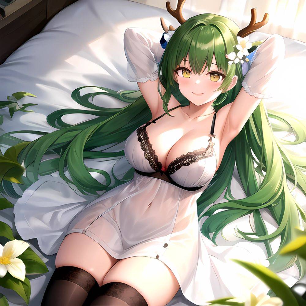 1girl Alternate Costume Antlers Armpits Arms Behind Head Bed Sheet Black Bra Black Thighhighs Bra Branch Breasts Ceres Fauna Cle, 2811792822 - AIHentai - #main