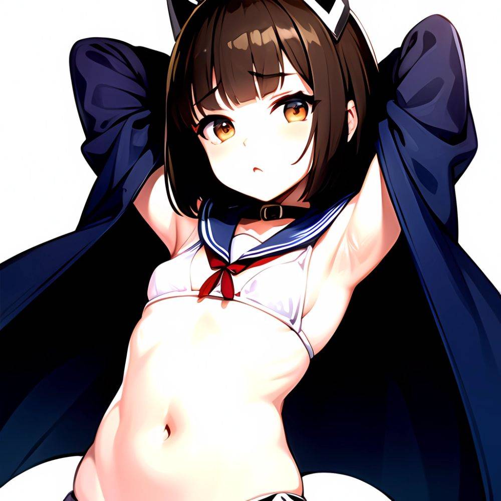 1girl Arms Up Arms Behind Head Bikini Bob Cut Brown Eyes Brown Hair Commentary Request Cosplay Cowboy Shot Flat Chest, 514725900 - AIHentai - #main