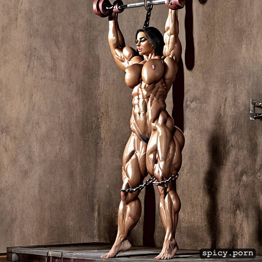 nude muscle woman lift large weights, punish, crush chains, slave - #main