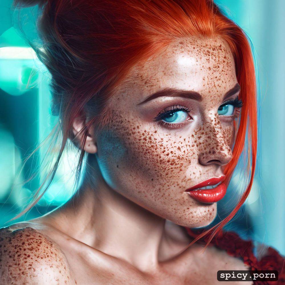 an extremely beautiful redhead scandinavian female humanoid with freckled cheeks - #main