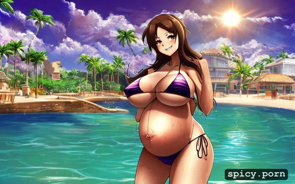 standing, midriff, fabric, long hair, woman, huge breasts, brown hair - #main
