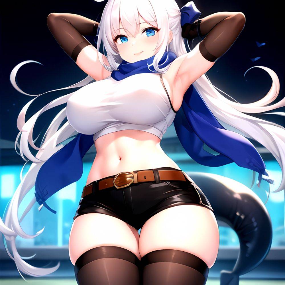1girl Armpits Arms Behind Head Belt Black Bra Black Gloves Black Pantyhose Blue Eyes Blurry Blurry Background Bra Breasts Curvy, 3975229195 - AIHentai - #main