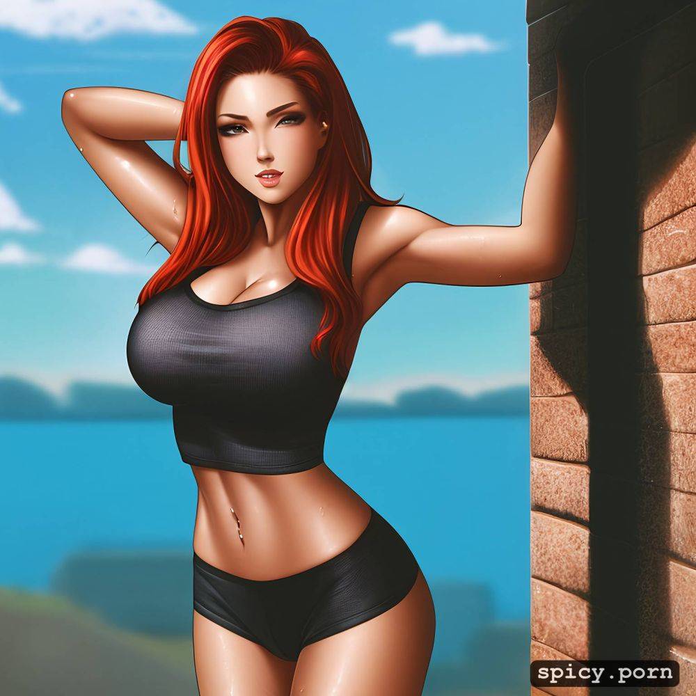 perfect face, camel toe, redhead, muscled body, wet skin, cumshot on yoga top - #main