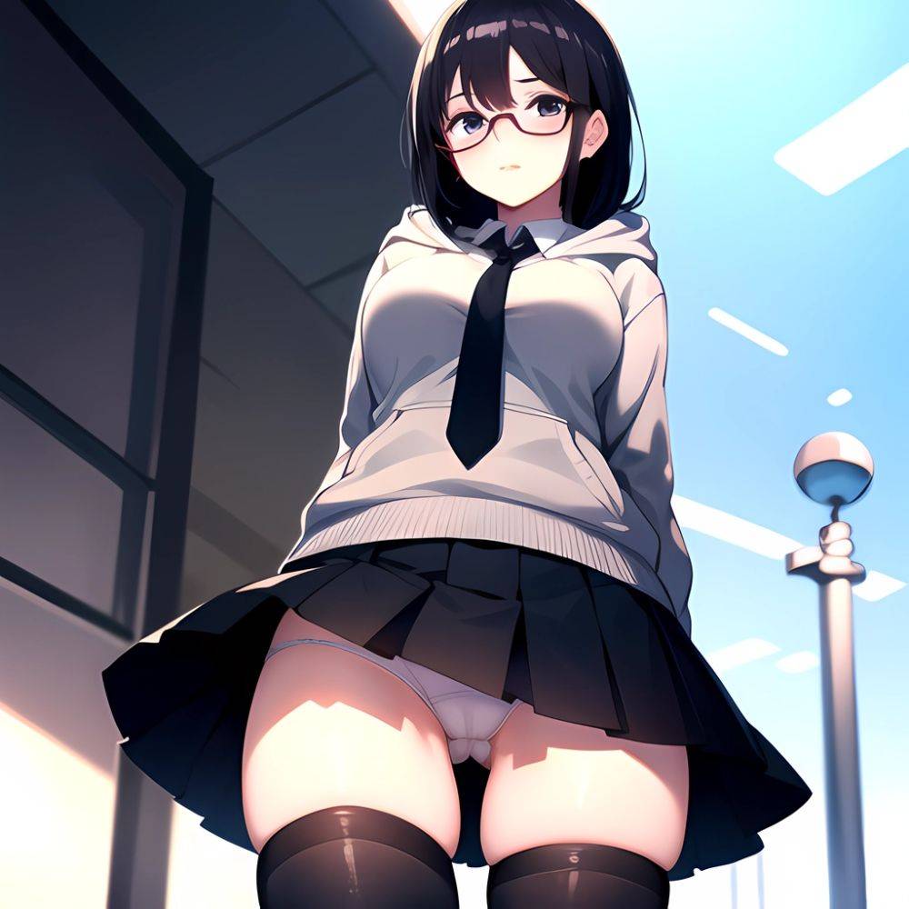 1girl Black Hair Black Necktie Black Thighhighs Breasts Cameltoe From Below Glasses Grey Eyes Grey Hoodie Highres Hood Hoodie Me, 1031984080 - AIHentai - #main