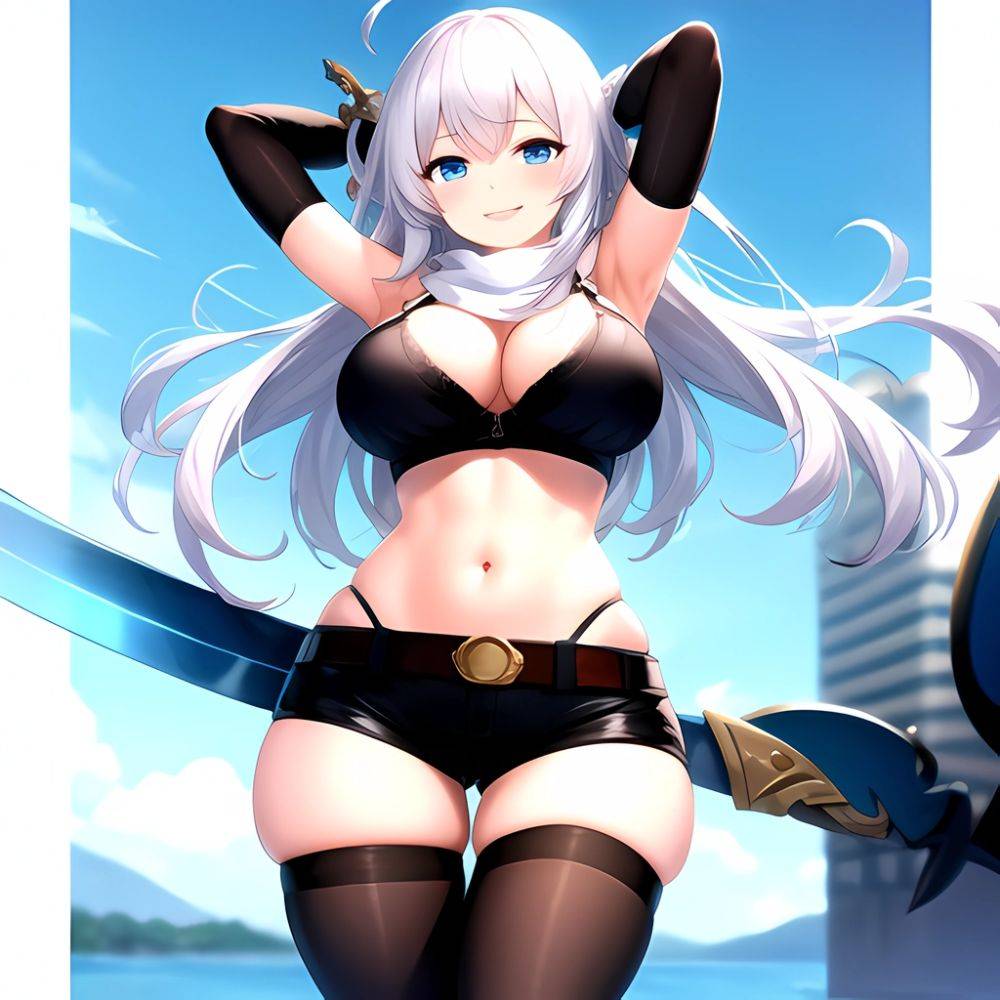 1girl Armpits Arms Behind Head Belt Black Bra Black Gloves Black Pantyhose Blue Eyes Blurry Blurry Background Bra Breasts Curvy, 3697982788 - AIHentai - #main