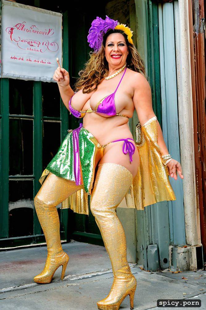 color portrait, long hair, 65 yo beautiful performing white mardi gras dancer on bourbon street - #main