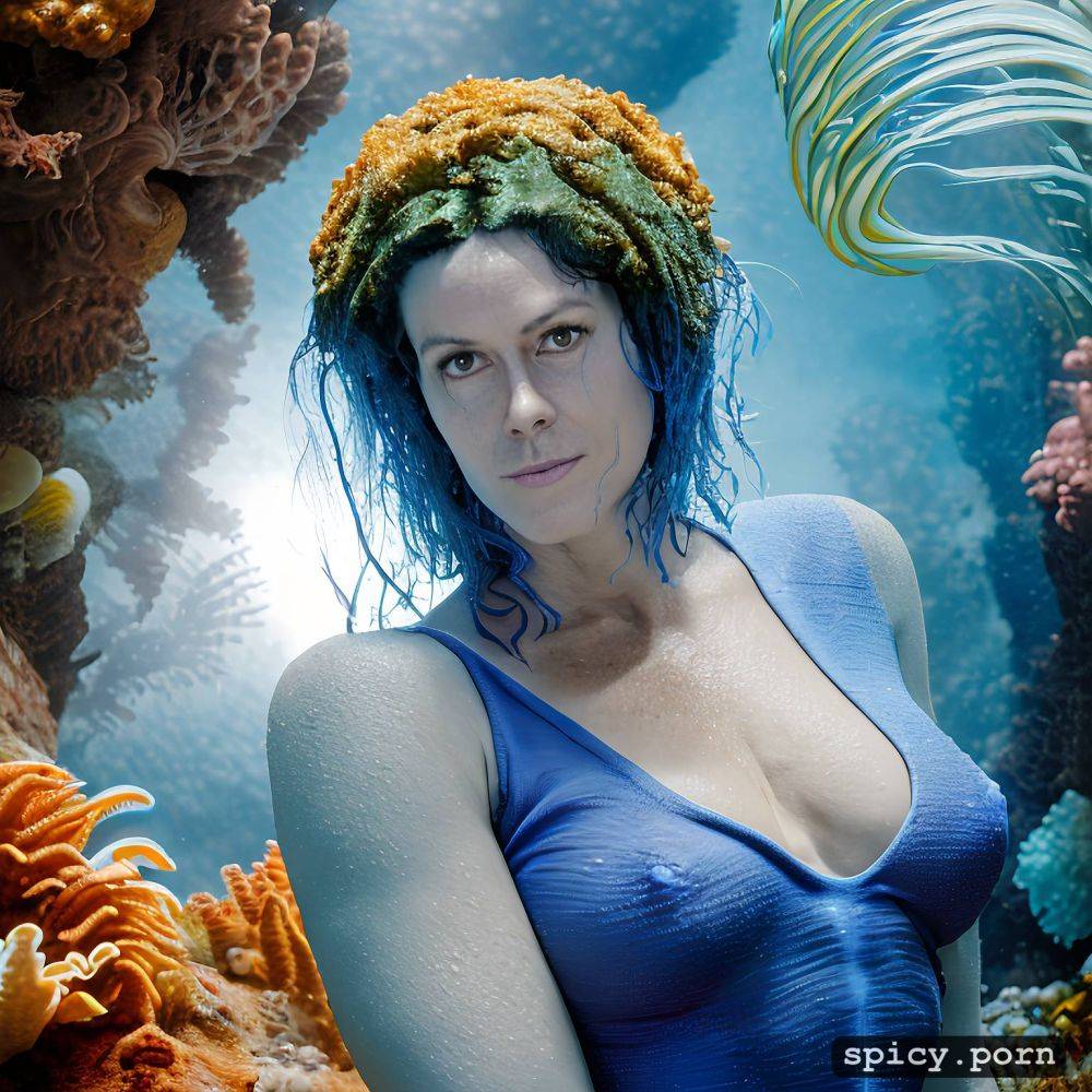 realistic, visible nipple, masterpiece, young sigourney weaver as blue alien from the movie avatar sigourney weaver swimming underwater near a coral reef wearing tribal top and thong - #main