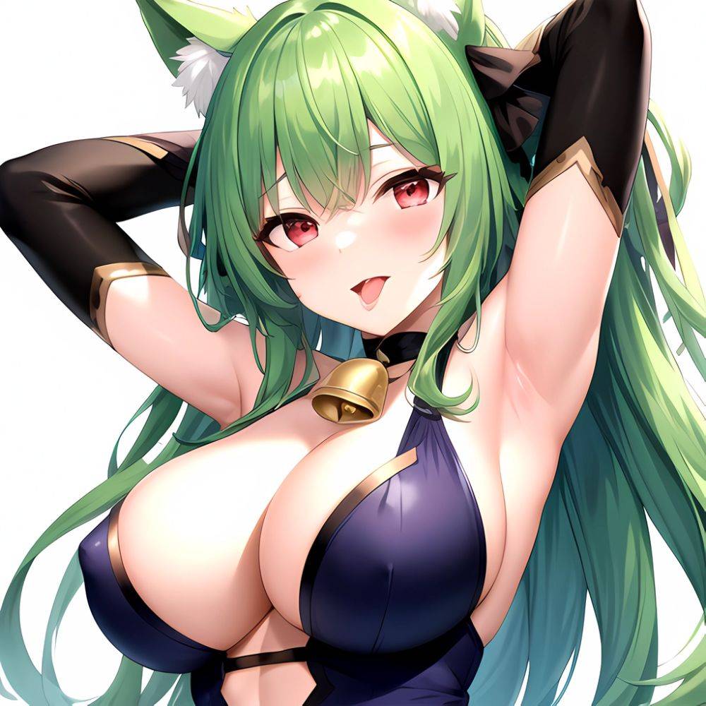 1girl Animal Ear Fluff Animal Ears Armpits Arms Behind Head Banshee Last Origin Bell Blush Breasts Chamame Green Hair Highres, 207896443 - AIHentai - #main