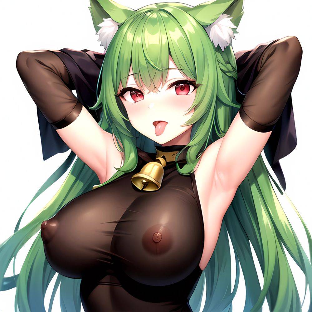 1girl Animal Ear Fluff Animal Ears Armpits Arms Behind Head Banshee Last Origin Bell Blush Breasts Chamame Green Hair Highres, 76730361 - AIHentai - #main