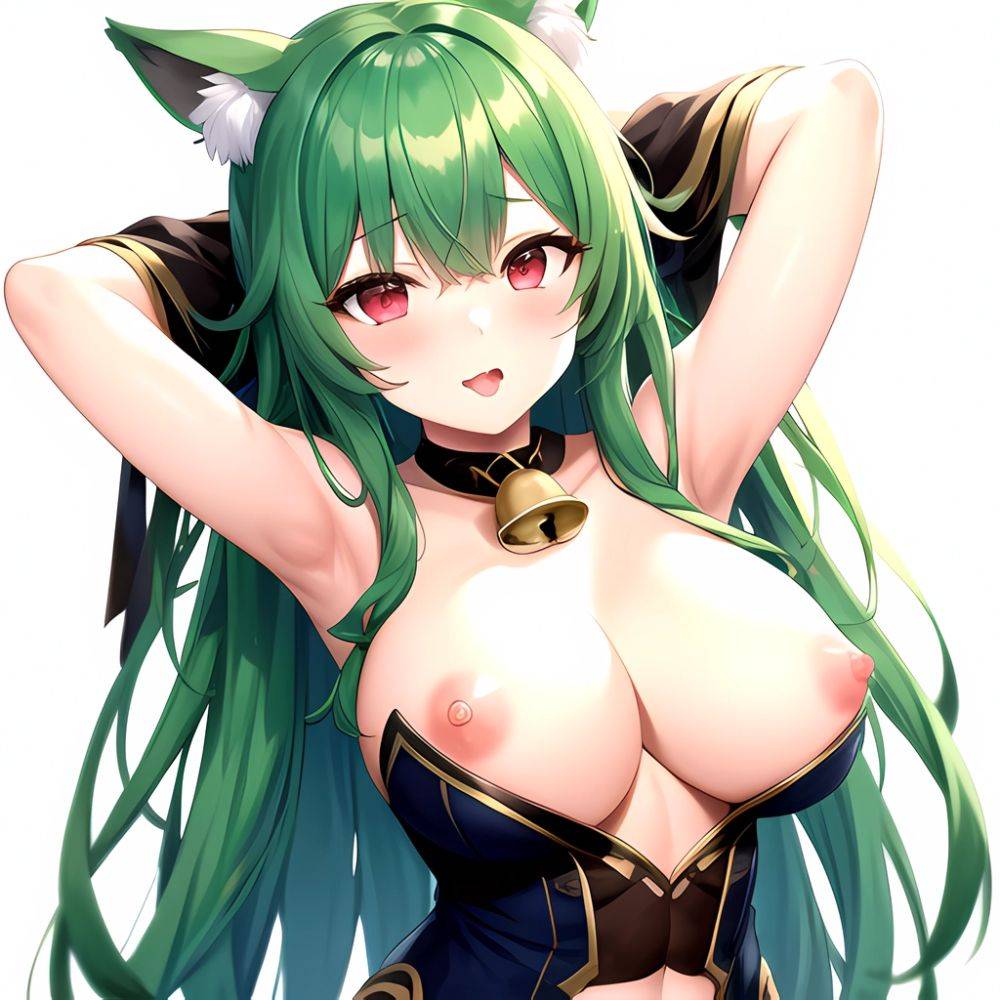 1girl Animal Ear Fluff Animal Ears Armpits Arms Behind Head Banshee Last Origin Bell Blush Breasts Chamame Green Hair Highres, 681852206 - AIHentai - #main