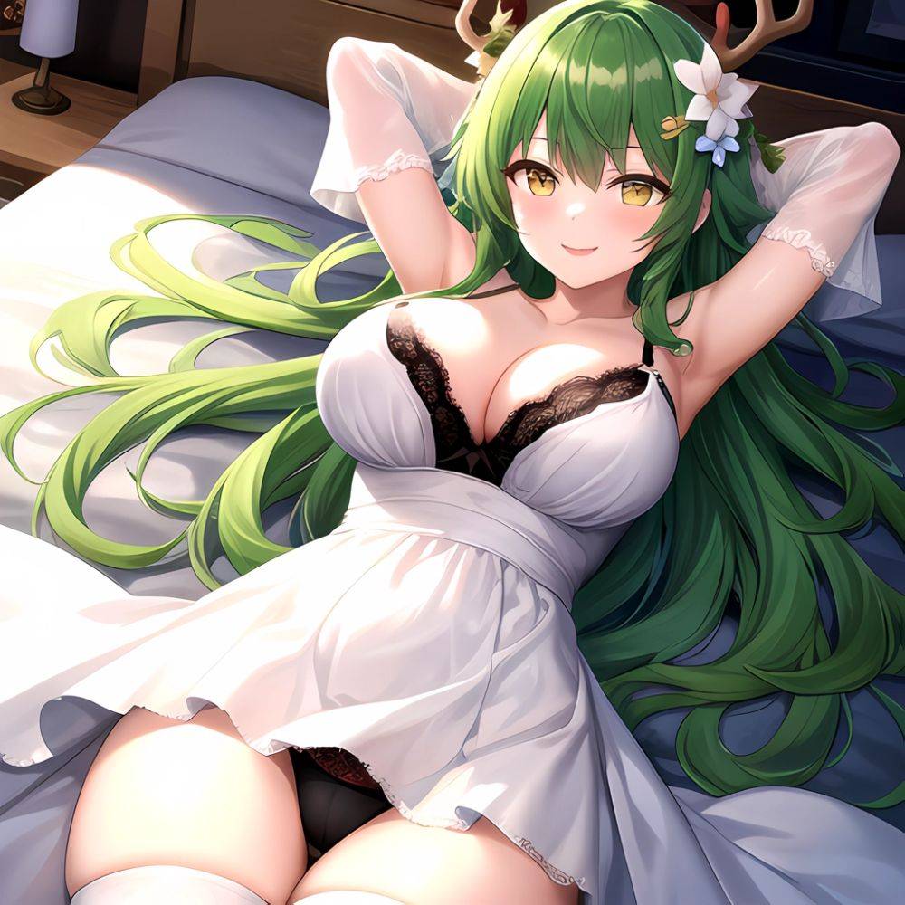 1girl Alternate Costume Antlers Armpits Arms Behind Head Bed Sheet Black Bra Black Thighhighs Bra Branch Breasts Ceres Fauna Cle, 4242822532 - AIHentai - #main