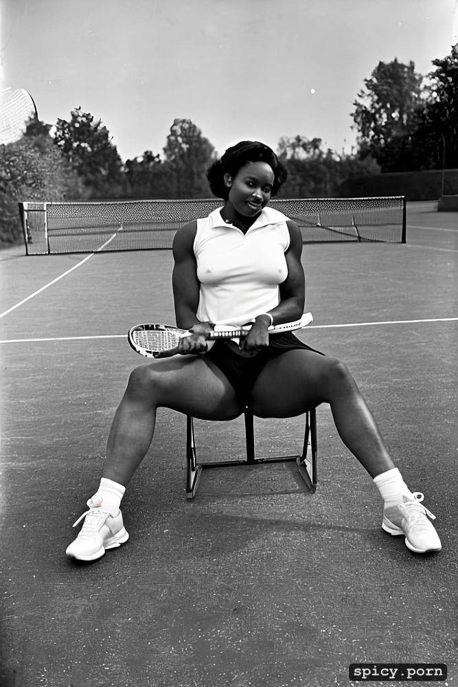 tennis racket, topless woman tennis player, thick woman, looking into camera - #main