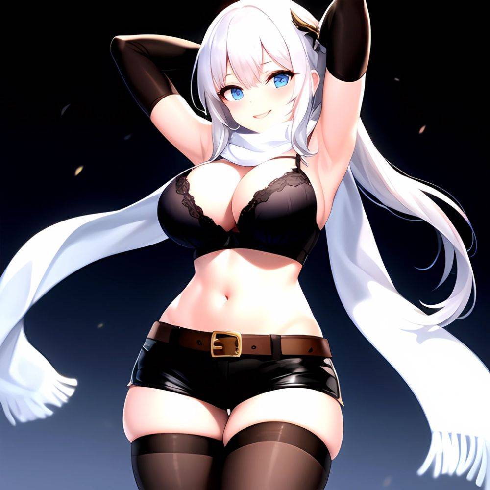 1girl Armpits Arms Behind Head Belt Black Bra Black Gloves Black Pantyhose Blue Eyes Blurry Blurry Background Bra Breasts Curvy, 4014374151 - AIHentai - #main