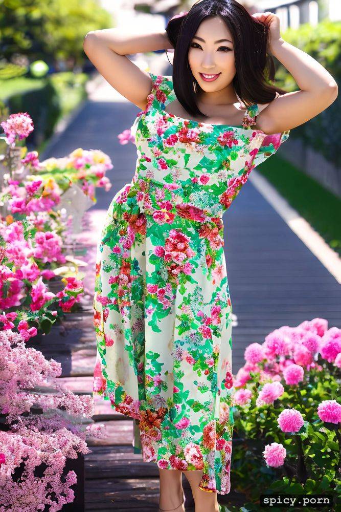 beautiful long leg, pink sandals, japanese woman, bobcut, walking in a garden - #main
